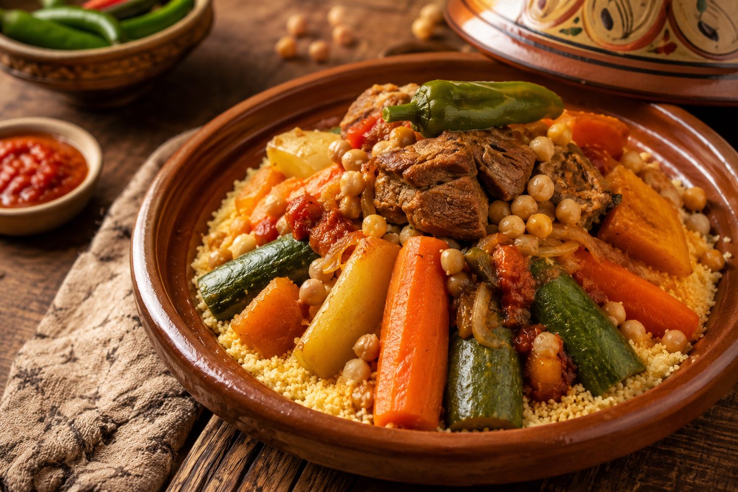 Couscous aux légumes et à la viande, servi dans un plat en terre